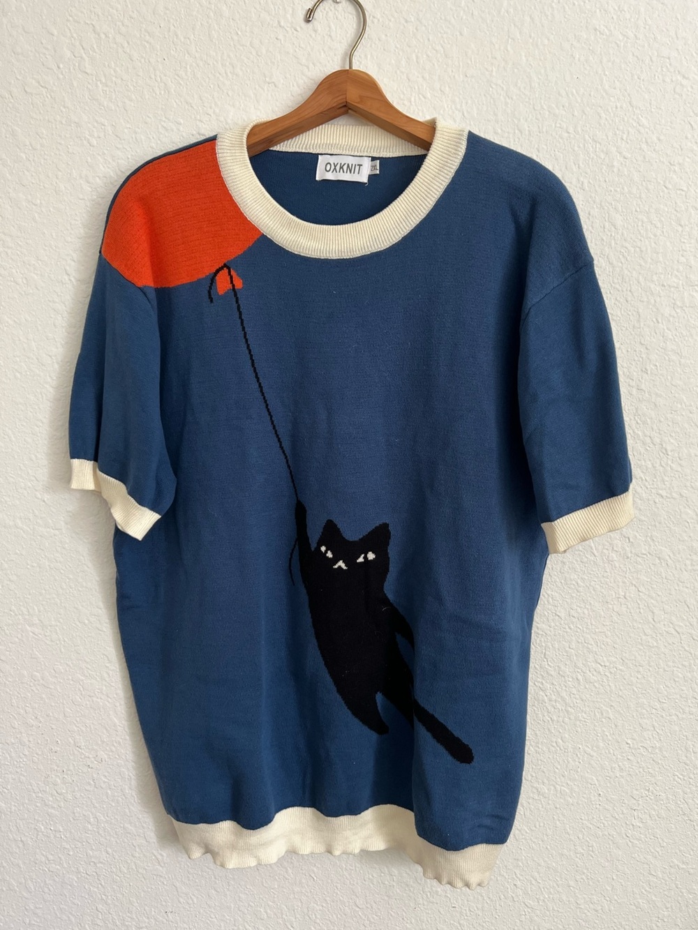 OXKNIT Blue Cat & Balloon Knit Top